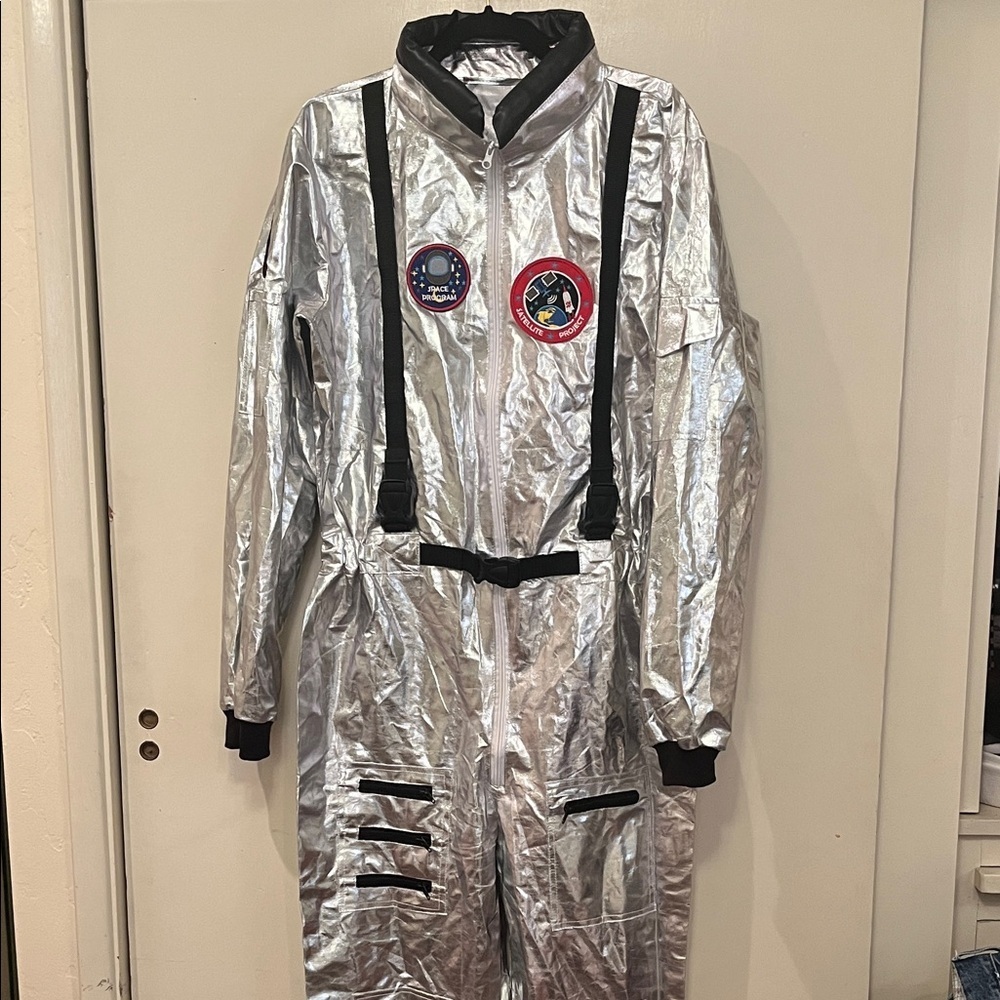 Silver Unisex Space Shuttle Suit - Metallic Jumpsuit with Patches Size Medium